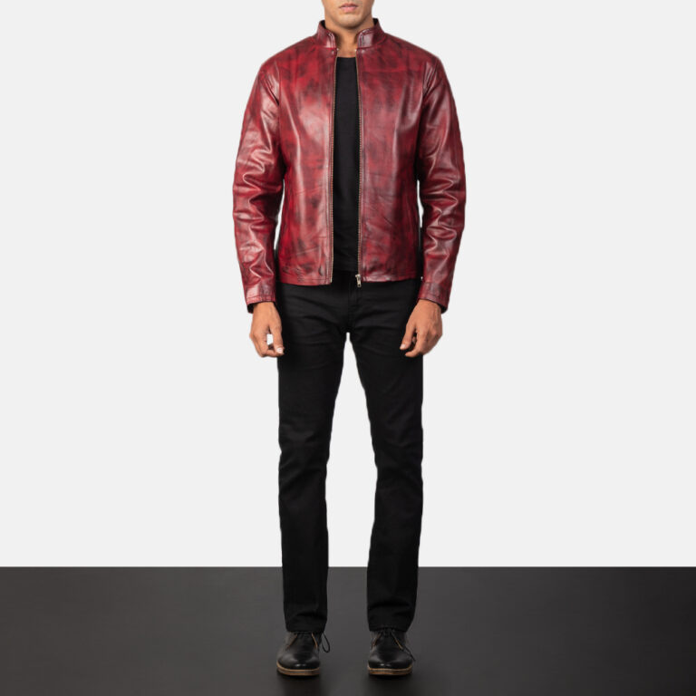 Mens Alex Distressed Burgundy Leather Jacket 5925-2-1568979177182